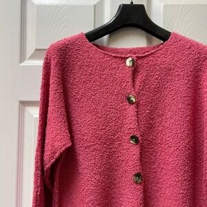 Vintage Women's Pink Boucle Raw Edged Hem Collarless Cardigan Sweater (Approx M)